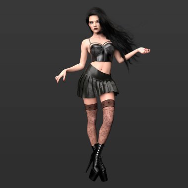 3 Boyutlu Güzel Gotik Şehir Fantezisi Kadın Modeli Sihirli Poz İçinde Uzun Koyu Saçlı ve Fishnet Çorap ve Siyah Giysisi Karanlık Arkaplanda İzole Edilmiş