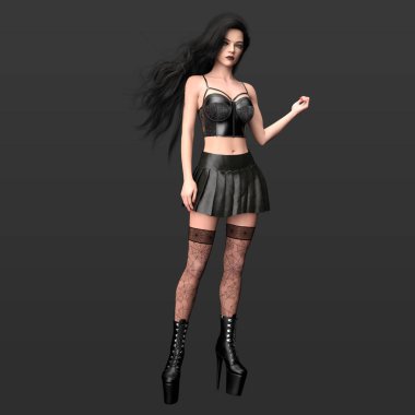 3 Boyutlu Güzel Gotik Şehir Fantezisi Kadın Modeli Sihirli Poz İçinde Uzun Koyu Saçlı ve Fishnet Çorap ve Siyah Giysisi Karanlık Arkaplanda İzole Edilmiş