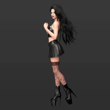3 Boyutlu Güzel Gotik Şehir Fantezisi Kadın Modeli Sihirli Poz ve Fishnet Çoraplar İçinde Uzun Koyu Saçlı ve Siyah Kıyafetli Karanlık Arkaplanda İzole edilmiş Kameradan Uzaklaşıyor