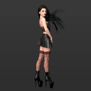 3 Boyutlu Güzel Gotik Şehir Fantezisi Kadın Modeli Uzun Koyu Saçlı Kameradan, Fishnet Çoraplardan ve Siyah Giysilerden Arkaplanda Uzaklaşan Sihirli Poz İçinde
