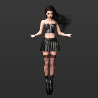 3 Boyutlu Güzel Gotik Şehir Fantezisi Kadın Modeli Sihirli Poz İçinde Uzun Koyu Saçlı ve Fishnet Çorap ve Siyah Giysisi Karanlık Arkaplanda İzole Edilmiş