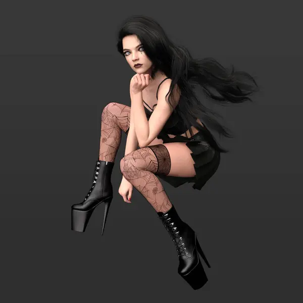 Koyu Diz ve Fishnet Çorapları ve Siyah Giysileri Karanlık Arkaplanda İzole Edilmiş Güzel Gotik Şehir Fantezisi Kadın Modeli