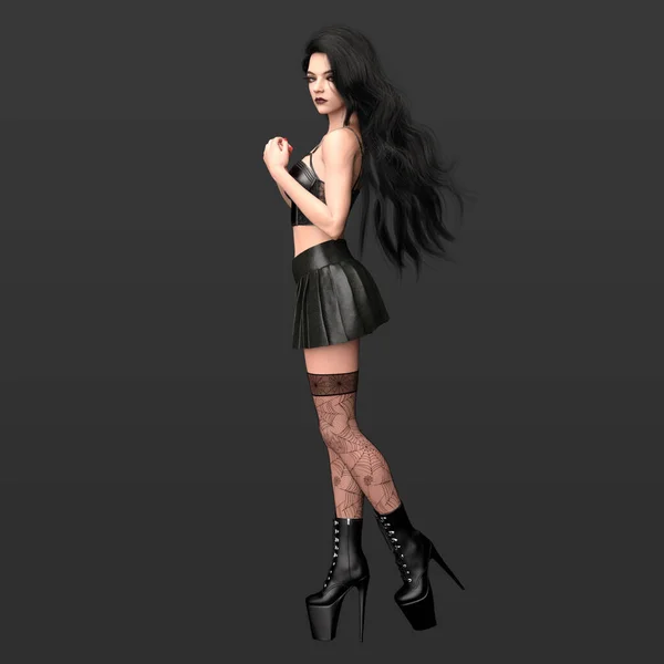 stock image 3D Rendering of Beautiful Gothic Urban Fantasy Woman Model with Long Dark Hair in a Magic Pose and Fishnet Stockings and Black Outfit  Turning Away from Camera Isolated on Dark Background