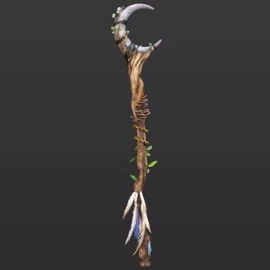 3D Rendered Magical Witches or Wizards Staff Fantasy Spells Weapon Isolated on Dark Background clipart