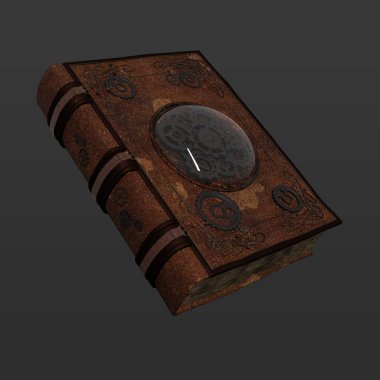 Eski Sihirli Grimoire Deri Cadı Cadı Kitabı 'nın 3 boyutlu tasviri Karanlık Arkaplanda İzole Edildi