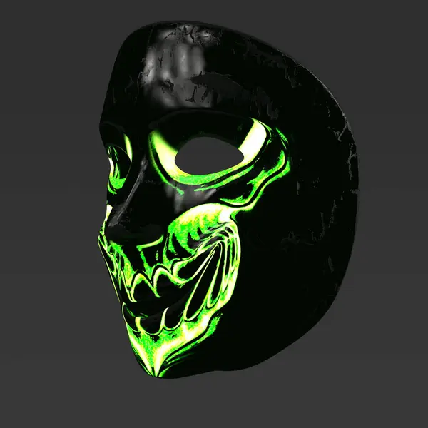 stock image 3D Rendered Black and Neon Green Purge Scary Halloween Criminal Heist Mask to Conceal Identity Isolated on Dark Background