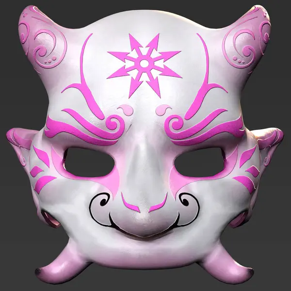 Stock image 3D Rendered White Japanese Demon Devil Oni Mask with Intricate Pink Beautiful Fantasy Design Isolated on Dark Background