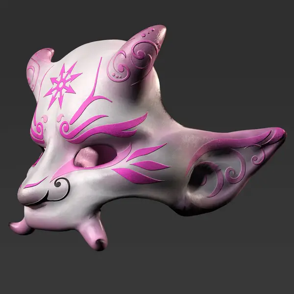 Stock image 3D Rendered White Japanese Demon Devil Oni Mask with Intricate Pink Beautiful Fantasy Design Isolated on Dark Background