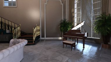 Gündüz Zemini Geniş Pencereli ve Mermer Döşemeli Güzel Zenginler Malikanesi İç Tasarımı 3D Resmedilmiş