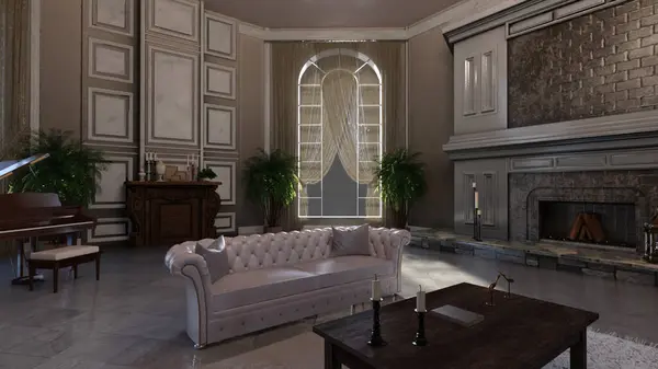 stock image 3D Rendered Illustration of Beautiful Wealthy Manor Estate Foyer Interior Design with Large Windows and Marble Tile Floor in the Daytime
