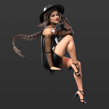 Üç Boyutlu Güzel Şehir Fantezisi Cadısı Kısa Siyah Elbise ve Cadıların Şapkası Çağdaş Fantezi İçin Karanlık Arkaplanda Ayrı Bir Büyü Yapıyor