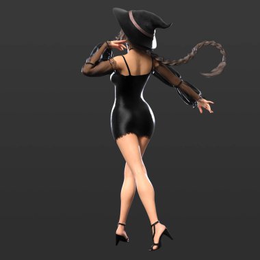 Üç Boyutlu Güzel Şehir Fantezisi Cadısı Kısa Siyah Elbise ve Cadıların Şapkası Çağdaş Fantezi İçin Karanlık Arkaplanda Ayrı Bir Büyü Yapıyor