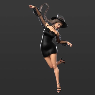 Üç Boyutlu Güzel Şehir Fantezisi Cadısı Kısa Siyah Elbise ve Cadıların Şapkası Çağdaş Fantezi İçin Karanlık Arkaplanda Ayrı Bir Büyü Yapıyor