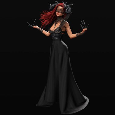 Kara Korseli Şeytani Şeytan Kadın ve Kara Arkaplanda Pençeli Büyü Yapan Uzun Etekli Güzel Şeytan 'ın 3 boyutlu canlandırması