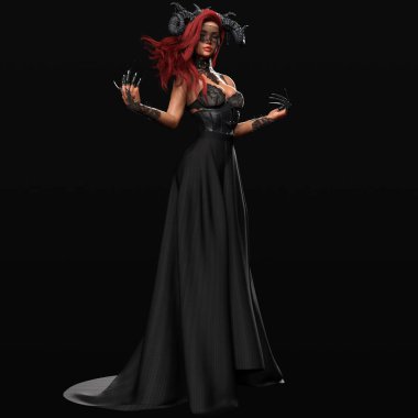 Kara Korseli Şeytani Şeytan Kadın ve Kara Arkaplanda Pençeli Büyü Yapan Uzun Etekli Güzel Şeytan 'ın 3 boyutlu canlandırması