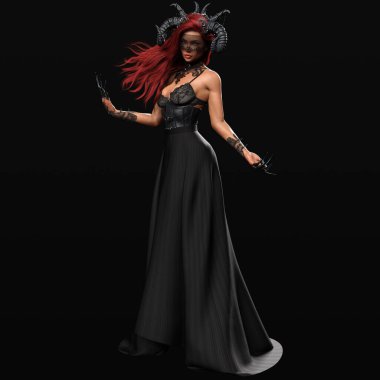 Kara Korseli Şeytani Şeytan Kadın ve Kara Arkaplanda Pençeli Büyü Yapan Uzun Etekli Güzel Şeytan 'ın 3 boyutlu canlandırması