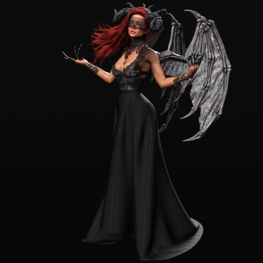 Kara Korseli Şeytani Şeytan Kadın ve Kara Arkaplanda Pençeli Büyü Yapan Uzun Etekli Güzel Şeytan 'ın 3 boyutlu canlandırması