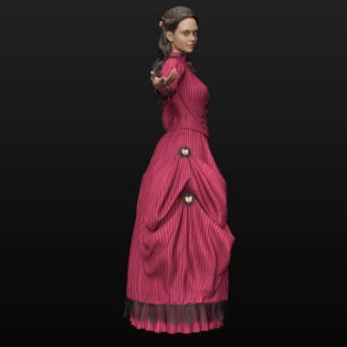 Üç Boyutlu Güzel Viktorya Dönemi Kadını. Kırmızı çizgili Viktorya dönemi elbisesi giyiyor. Siyah dantelli.