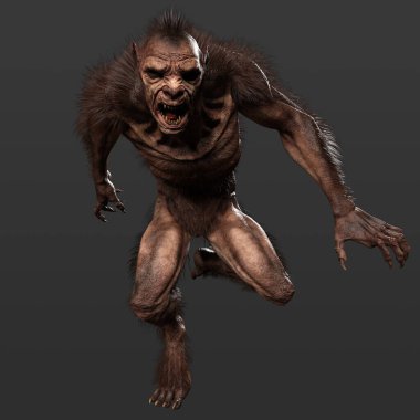 Kel Alanlı ve Kürklü Üç Boyutlu Korkunç Kurt Adam Karanlık Arkaplanda İzole Edildi