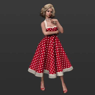 3 Boyutlu Güzel Geleneksel 1950 'lerin Pinup Ev Kadınları Sarışın Bukleli ve Kırmızı Polkadot Swing Elbiseli