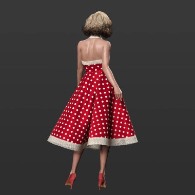 3 Boyutlu Güzel Geleneksel 1950 'lerin Pinup Ev Kadınları Sarışın Bukleli ve Kırmızı Polkadot Swing Elbisesi Arkasında