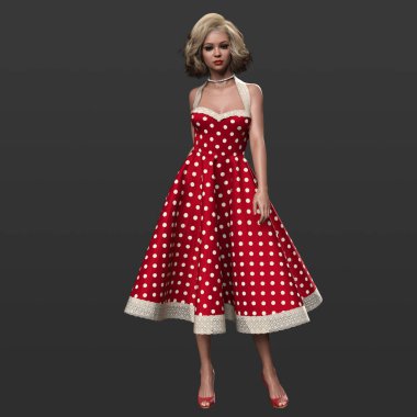 3 Boyutlu Güzel Geleneksel 1950 'lerin Pinup Ev Kadınları Sarışın Bukleli ve Kırmızı Polkadot Swing Elbiseli