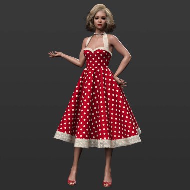 3 Boyutlu Güzel Geleneksel 1950 'lerin Pinup Ev Kadınları Sarışın Bukleli ve Kırmızı Polkadot Swing Elbiseli Kollar Yukarı Büyülü