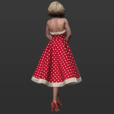 3 Boyutlu Güzel Geleneksel 1950 'lerin Pinup Ev Kadınları Sarışın Bukleli ve Kırmızı Polkadot Swing Elbiseli Gizemli Poz