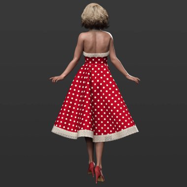 3 Boyutlu Güzel Geleneksel 1950 'lerin Pinup Ev Kadınları Sarışın Bukleli ve Kırmızı Polkadot Swing Elbisesi Arkasında