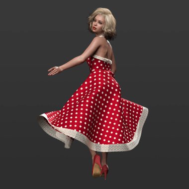 3 Boyutlu Güzel Geleneksel 1950 'lerin Pinup Ev Kadınları Sarışın Bukleli ve Kırmızı Polkadot Swing Elbisesi Kameradan Kaçış