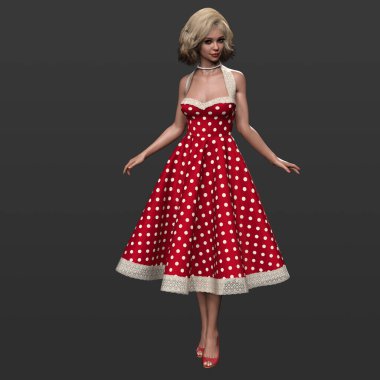 3 Boyutlu Güzel Geleneksel 1950 'lerin Pinup Ev Kadınları Sarışın Bukleli ve Kırmızı Polkadot Swing Elbiseli