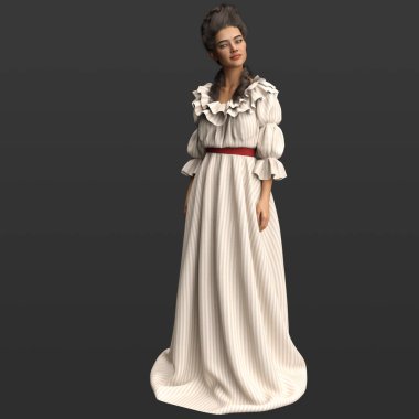 3D Çevrilmiş Tarihsel Viktorya Dönemi Güzeli Robe a la Rein in in in Shy β Poz Karanlık Arkaplanda Tecrit Edildi