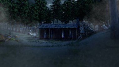 3 Boyutlu Issız Dehşet Dehşeti Gerilim Filmi Ormandaki Odunluk Kulübesi Gecenin Puslu Ormanında