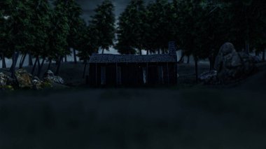 3 Boyutlu Issız Dehşet Dehşeti Gerilim Filmi Ormandaki Odunluk Kulübesi Gecenin Puslu Ormanında