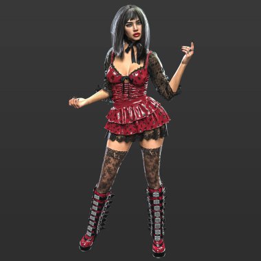 3D Çevrilmiş Güzel Şehvetli Serseri Büyük Platform Çizmeli Şehir Fantezisi Kadın Karanlık Arkaplanda İzole Edildi