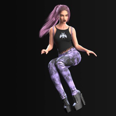 Üç Boyutlu Alternatif Moda Pastel Gotik Serseri Sıska Kot ve Topuklu Fantezi Kadın Karanlık Arkaplanda Güçlü Cadı Pozu Veriyor