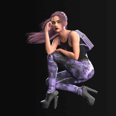 Üç Boyutlu Alternatif Moda Pastel Gotik Serseri Sıska Kot ve Topuklu Fantezi Kadın Karanlık Arkaplanda Güçlü Cadı Pozu Veriyor