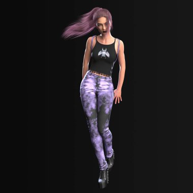 Üç Boyutlu Alternatif Moda Pastel Gotik Serseri Sıska Kot ve Topuklu Fantezi Kadın Karanlık Arkaplanda Güçlü Cadı Pozu Veriyor