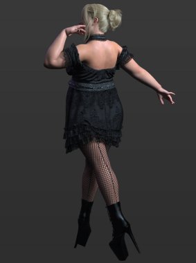 3 Boyutlu Güzel Şehir Fantezisi Kadın Siyah İpeksi Bebek Bebek Elbisesi ve Sarı Saçlı Büyülü Güzel Şehvetli Poz Koyu Arkaplanda İzole Edilmiş