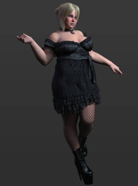 3 Boyutlu Güzel Şehir Fantezisi Kadın Siyah İpeksi Bebek Bebek Elbisesi ve Sarı Saçlı Büyülü Güzel Şehvetli Poz Koyu Arkaplanda İzole Edilmiş