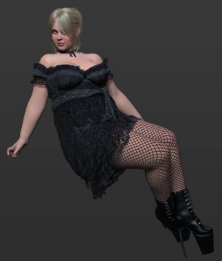 3 Boyutlu Güzel Şehir Fantezisi Kadın Siyah İpeksi Bebek Bebek Elbisesi ve Sarı Saçlı Büyülü Güzel Şehvetli Poz Koyu Arkaplanda İzole Edilmiş