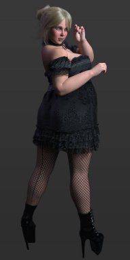 3 Boyutlu Güzel Şehir Fantezisi Kadın Siyah İpeksi Bebek Bebek Elbisesi ve Sarı Saçlı Büyülü Güzel Şehvetli Poz Koyu Arkaplanda İzole Edilmiş