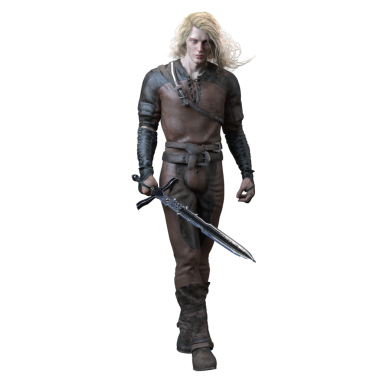 3D Çekici Fantezi Ortaçağ Savaşçısı Deri Kıyafetli ve Uzun Sarı Saçlı Kılıç Tutan