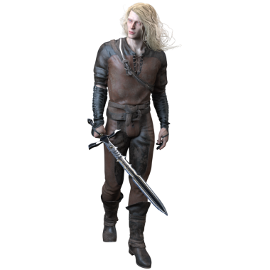3D Çekici Fantezi Ortaçağ Savaşçısı Deri Kıyafetli ve Uzun Sarı Saçlı Kılıç Tutan