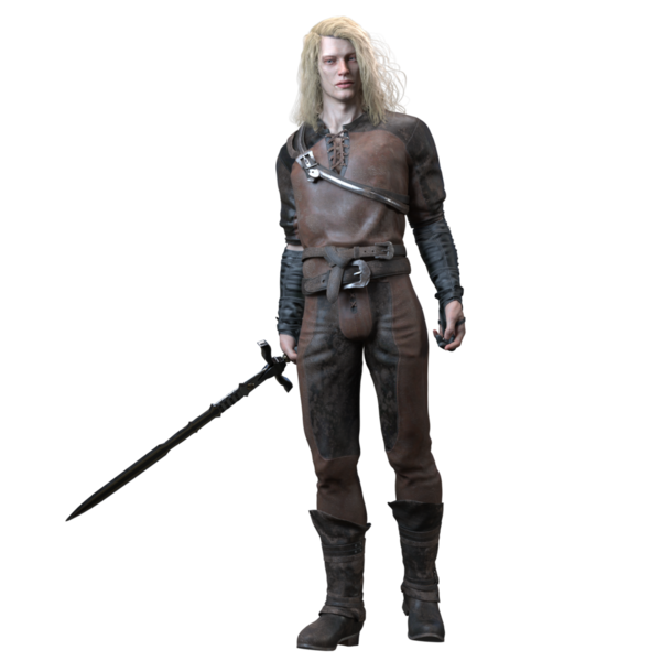 3D Çekici Fantezi Ortaçağ Savaşçısı Deri Kıyafetli ve Uzun Sarı Saçlı Kılıç Tutan