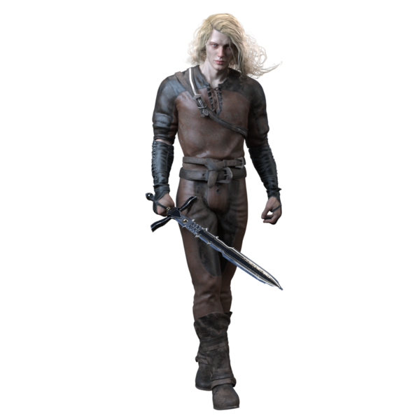 3D Çekici Fantezi Ortaçağ Savaşçısı Deri Kıyafetli ve Uzun Sarı Saçlı Kılıç Tutan