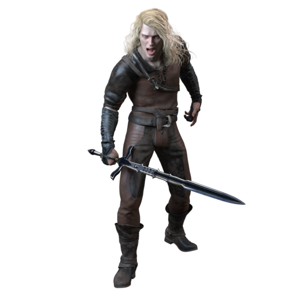 3D Çekici Fantezi Ortaçağ Savaşçısı Deri Kıyafetli ve Uzun Sarı Saçlı Kılıç Tutan