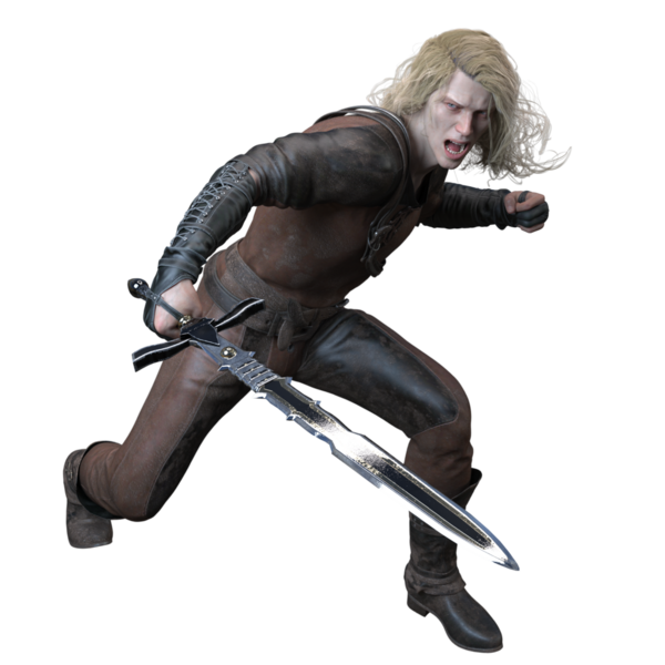 3D Çekici Fantezi Ortaçağ Savaşçısı Deri Kıyafetli ve Uzun Sarı Saçlı Kılıç Tutan