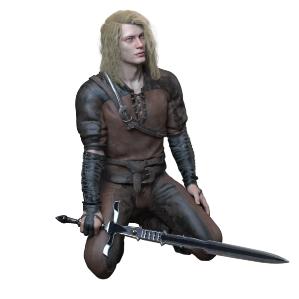 3D Çekici Fantezi Ortaçağ Savaşçısı Deri Kıyafetli ve Uzun Sarı Saçlı Kılıç Tutan