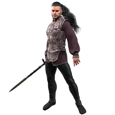 3D Rendered handsome fantasy prince or warrior holding a sword wearing purple embroidered luxury clothes and long black hair